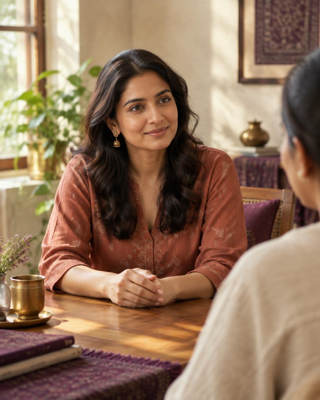 A gentle counselling conversation in warm, calm surroundings