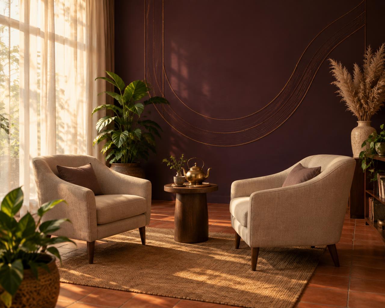 Manmitra calm studio interior with warm plum walls and comfortable seating